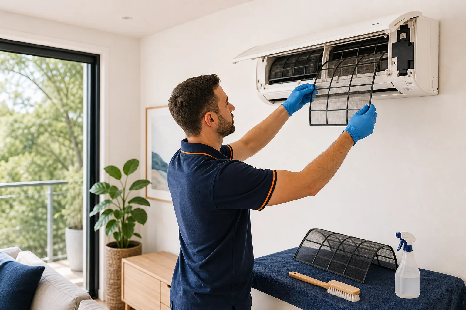 Technician removing split system air conditioner filters for cleaning