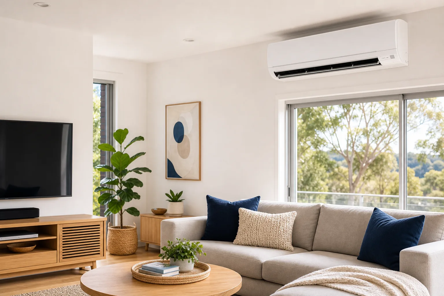 Clean modern Australian living room with a wall-mounted split system air conditioner