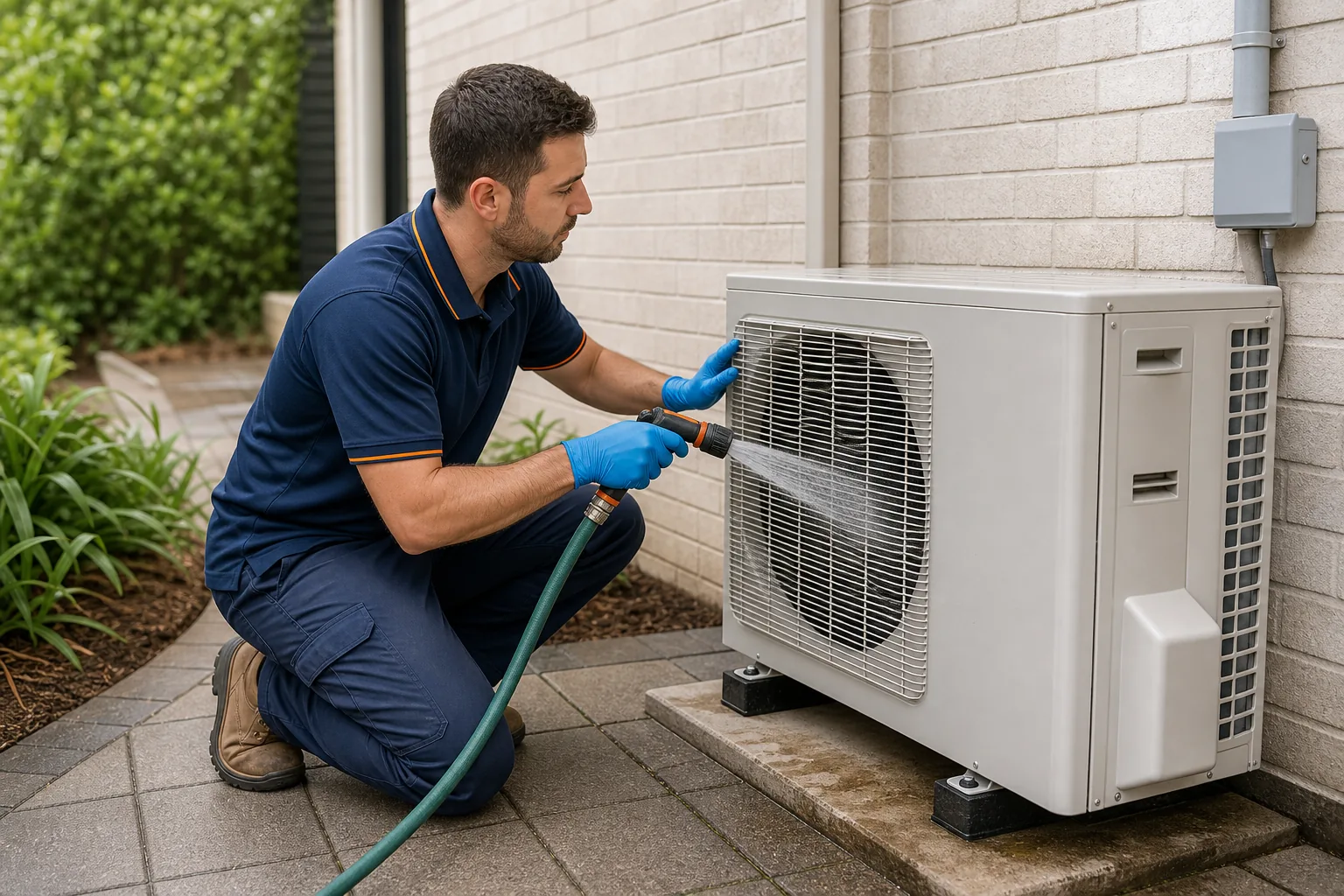 Outdoor air conditioner condenser being rinsed beside a home