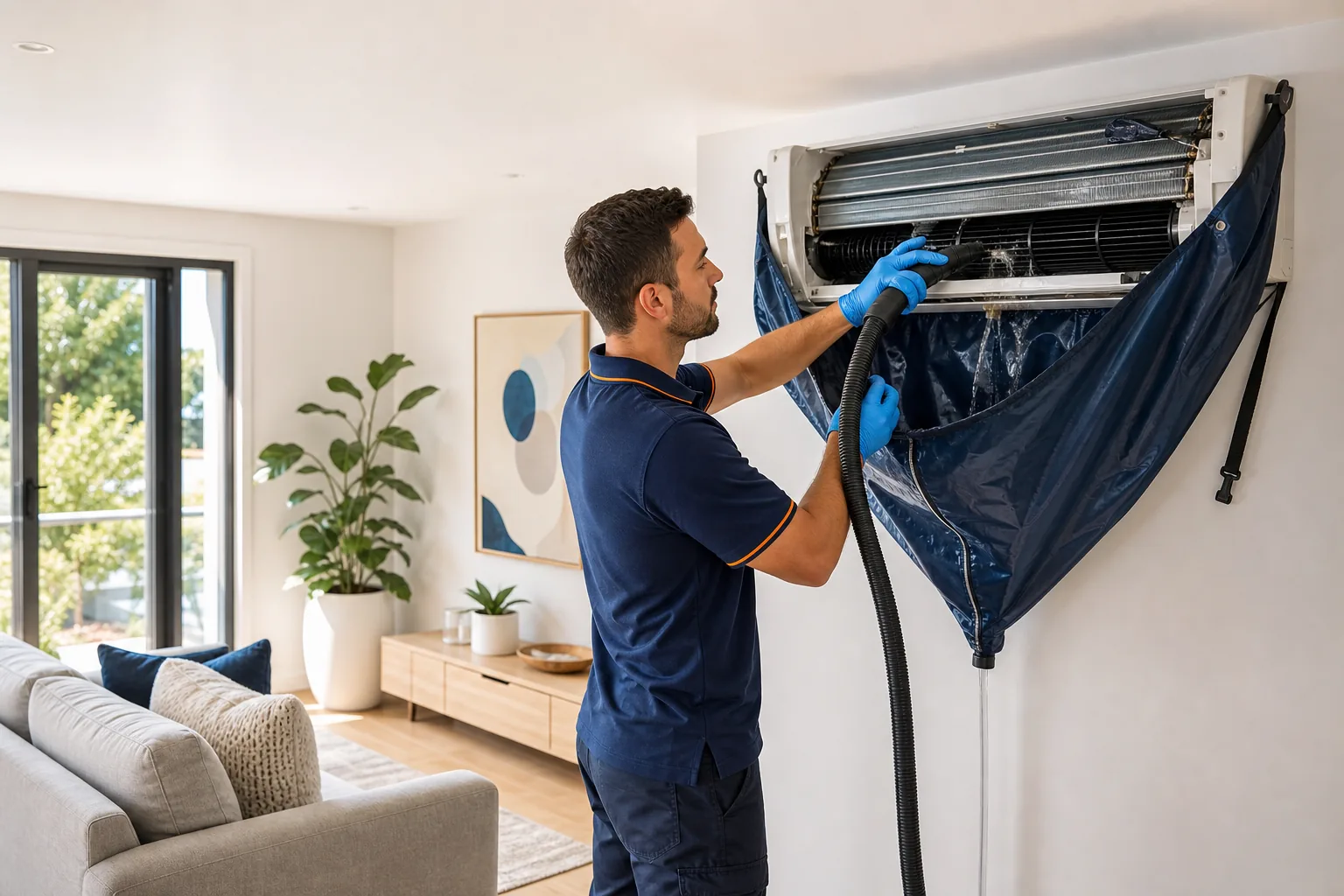 Split system air conditioner opened with wash bag attached for a premium deep clean